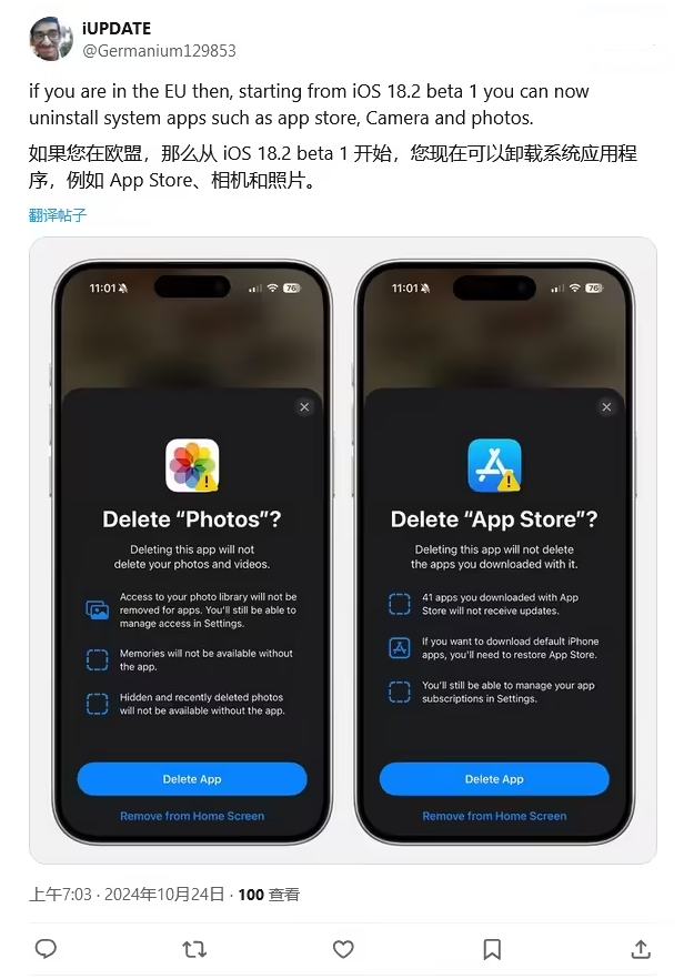 光泽苹果手机维修分享iOS 18.2 支持删除 App Store 应用商店 